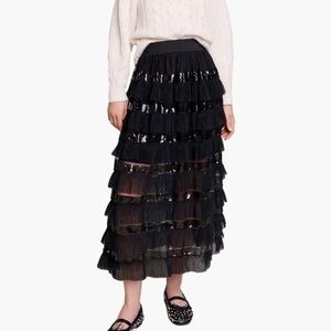 Maje Black Tiered Sequin Midi Skirt